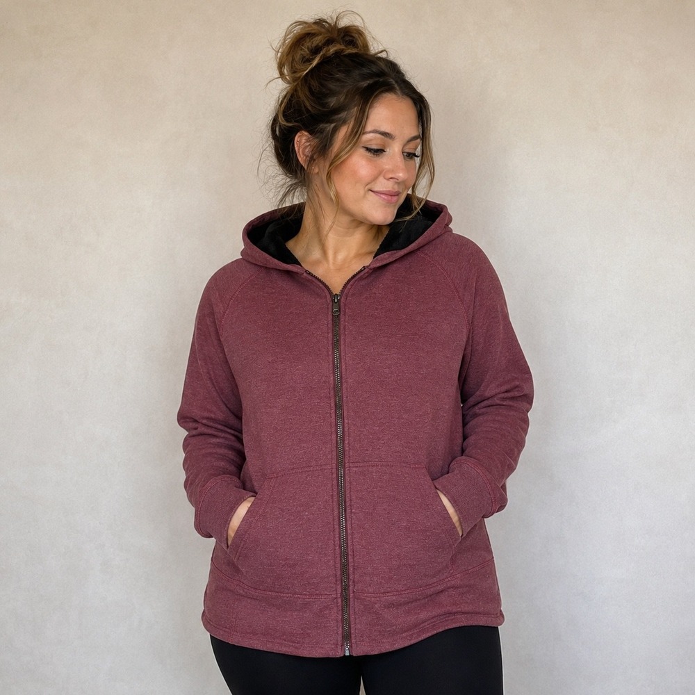 Eddie Bauer Hoodie Womens XL Burgundy Faux Fur Sherpa Lined Full Zip Sweatshirt